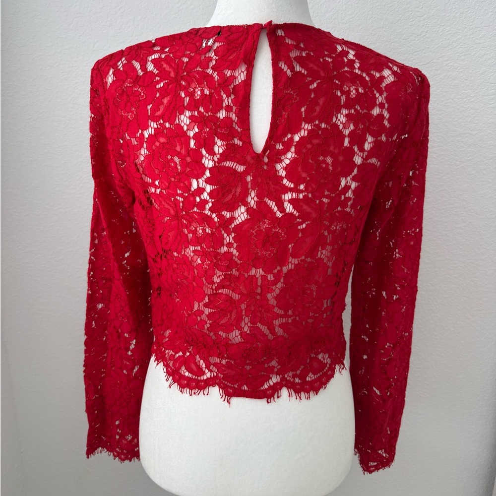 Diane von Furstenberg DVF Yeva Lace Top Red Floral Sheer Long Sleeve Blouse Sz 6 - Picture 5 of 7